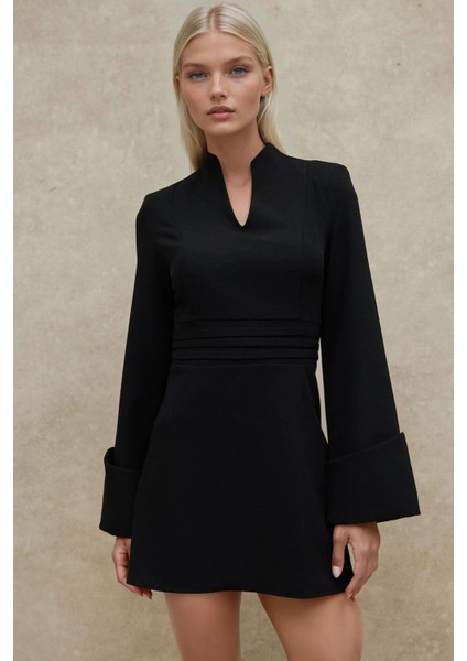 Kadın Şık V Yaka Uzun Kollu Mini Elbise Siyah