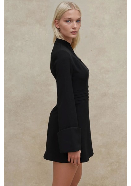 Kadın Şık V Yaka Uzun Kollu Mini Elbise Siyah
