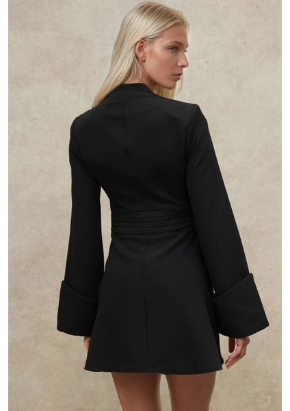 Kadın Şık V Yaka Uzun Kollu Mini Elbise Siyah