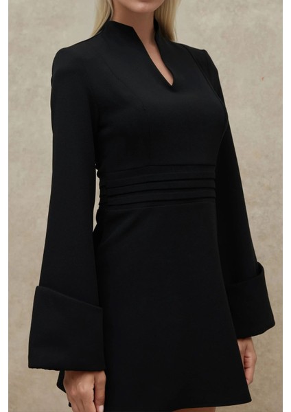 Kadın Şık V Yaka Uzun Kollu Mini Elbise Siyah