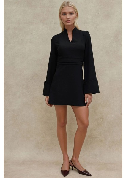 Kadın Şık V Yaka Uzun Kollu Mini Elbise Siyah