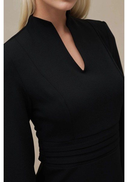 Kadın Şık V Yaka Uzun Kollu Mini Elbise Siyah