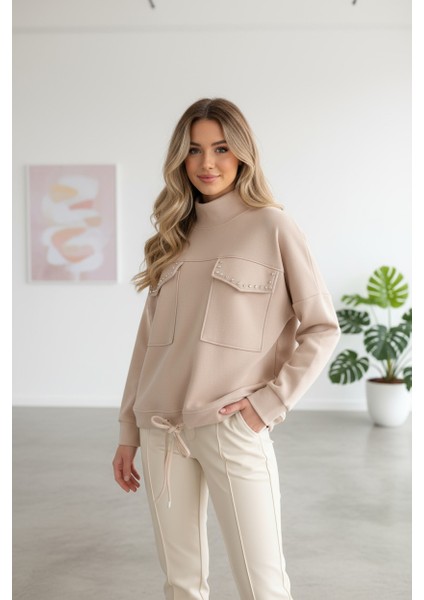 Cepli ve Inci Işlemeli Şık Kadın Sweatshirt fiyatları