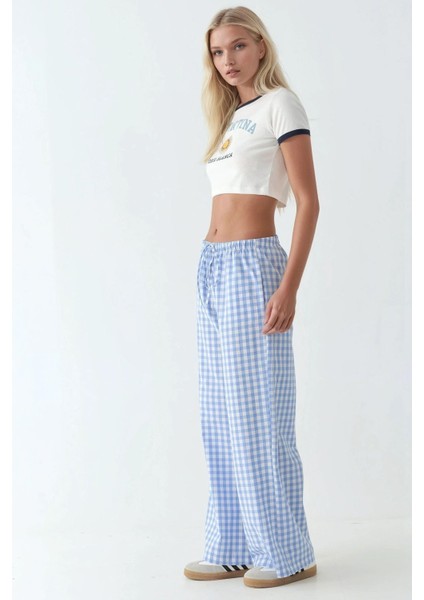 Kadın Geniş Paça Ekose Kareli Pantolon Bebek Mavisi