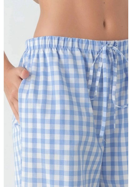 Kadın Geniş Paça Ekose Kareli Pantolon Bebek Mavisi