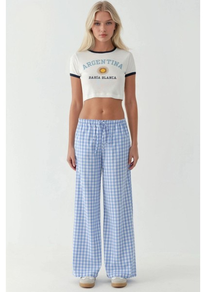 Kadın Geniş Paça Ekose Kareli Pantolon Bebek Mavisi