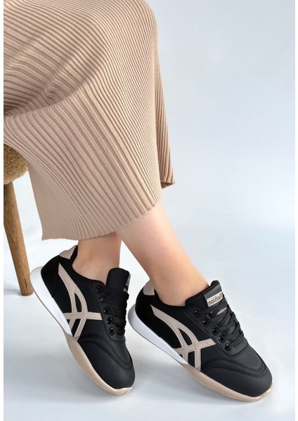 Zlay Siyah Cilt Bej Detaylı Bağcıklı Spor Ayakkabı - Lisinya