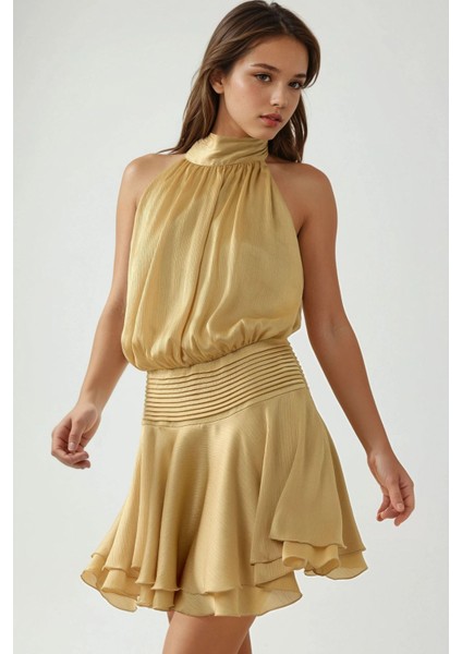Kadın Dokulu Dik Yüksek Yaka Fırfırlı Mini Elbise Sarı