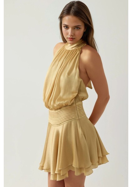Kadın Dokulu Dik Yüksek Yaka Fırfırlı Mini Elbise Sarı