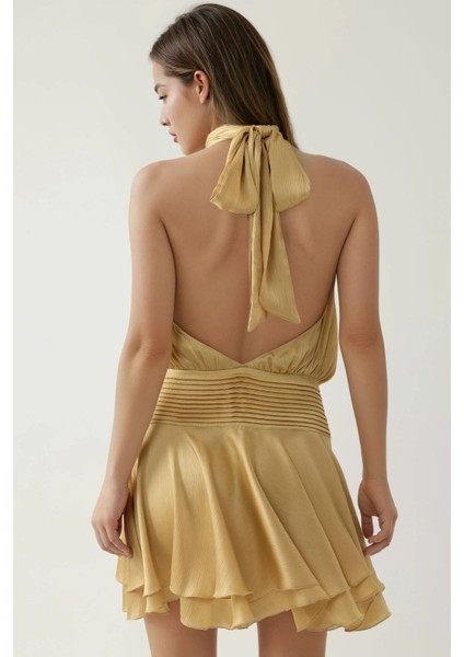 Kadın Dokulu Dik Yüksek Yaka Fırfırlı Mini Elbise Sarı