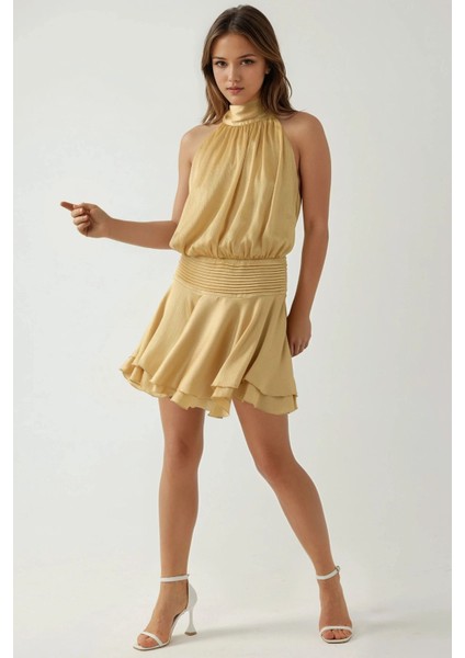 Kadın Dokulu Dik Yüksek Yaka Fırfırlı Mini Elbise Sarı