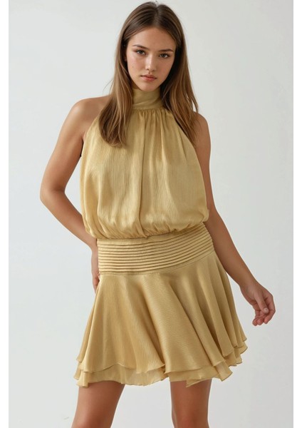 Kadın Dokulu Dik Yüksek Yaka Fırfırlı Mini Elbise Sarı
