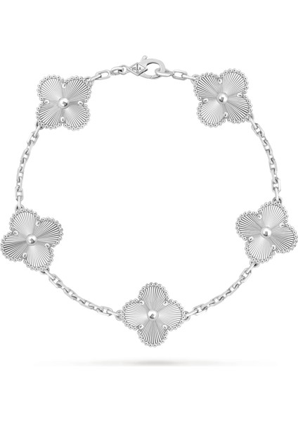 Van Cleef & Arpels Vintage Alhambra Bileklik, 5 Motif Yonca 925 Ayar Gümüş Rodyum Kaplama