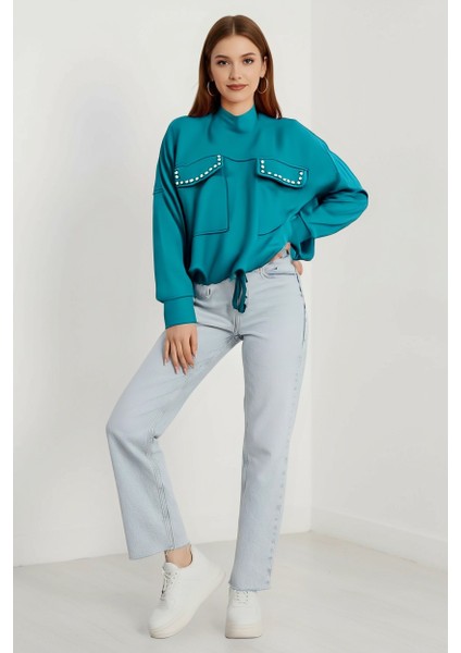 Cepli ve Inci Işlemeli Şık Kadın Sweatshirt fiyatları