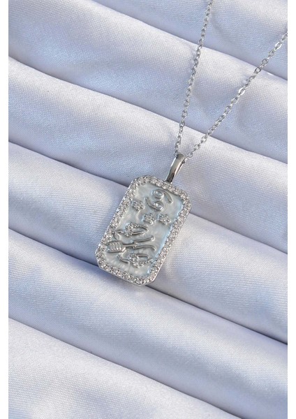 316L Çelik Zincir Gümüş Renk Zirkon Taşlı Çerçeveli Tarot Ke