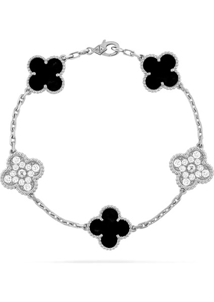 Van Cleef & Arpels Vintage Alhambra Bileklik, 5 Motif Yonca 925 Ayar Gümüş, Siyah Oniks ve Zirkon Taşlı