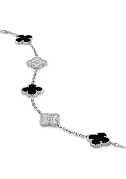 Van Cleef & Arpels Vintage Alhambra Bileklik, 5 Motif Yonca 925 Ayar Gümüş, Siyah Oniks ve Zirkon Taşlı fırsatları