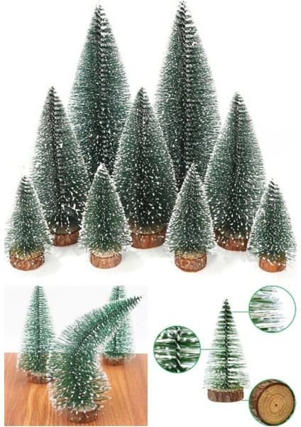 Yeni Yıl Dekoru Kar Efektli 9 Adet Yılbaşı mini Çam Ağaçları Seti Doğal Ahşap Tabanlı 8 - 12 - 15 cm