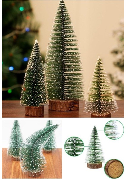 Yeni Yıl Dekoru Kar Efektli 9 Adet Yılbaşı mini Çam Ağaçları Seti Doğal Ahşap Tabanlı 8 - 12 - 15 cm modelleri