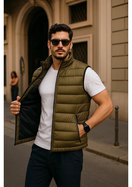 Erkek Kışlık Premium Basic Astarlı Haki Şişme Yelek