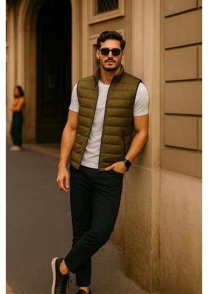 Erkek Kışlık Premium Basic Astarlı Haki Şişme Yelek modelleri