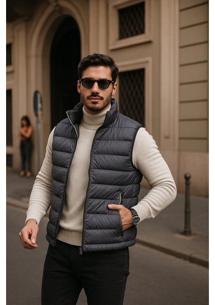 Erkek Kışlık Premium Basic Astarlı Füme Şişme Yelek