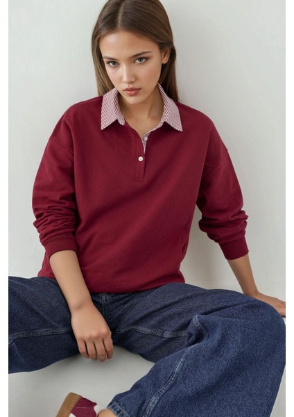 Kadın Dokuma Garni Detaylı Oversize Polo Yaka Sweatshirt Bordo Kırmızı