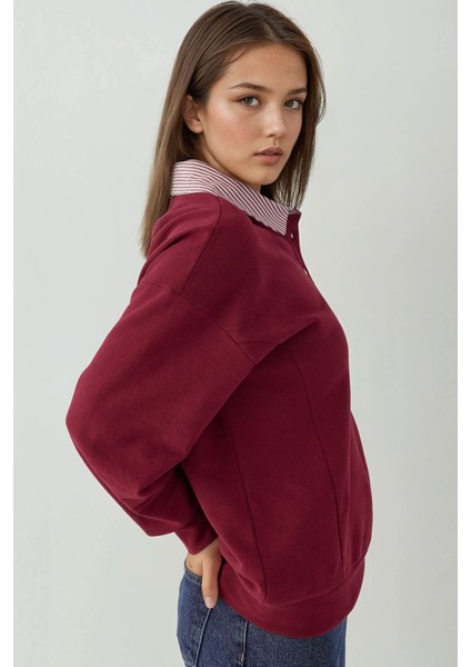 Kadın Dokuma Garni Detaylı Oversize Polo Yaka Sweatshirt Bordo Kırmızı fiyatları