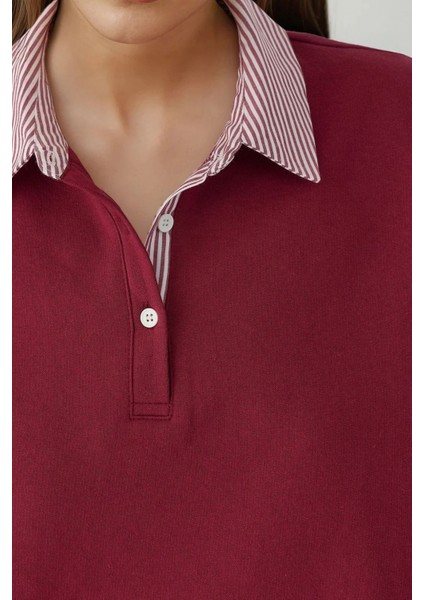 Kadın Dokuma Garni Detaylı Oversize Polo Yaka Sweatshirt Bordo Kırmızı modelleri