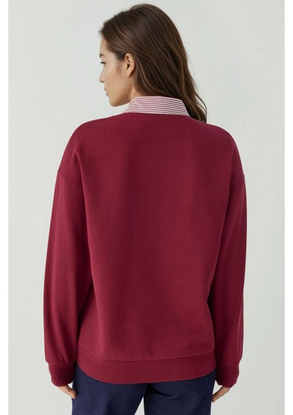 Kadın Dokuma Garni Detaylı Oversize Polo Yaka Sweatshirt Bordo Kırmızı fırsatları