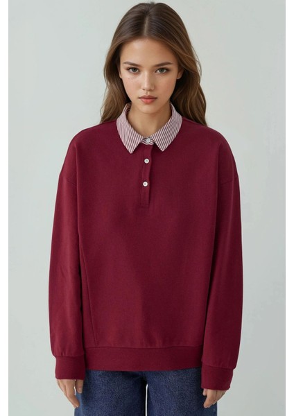 Kadın Dokuma Garni Detaylı Oversize Polo Yaka Sweatshirt Bordo Kırmızı