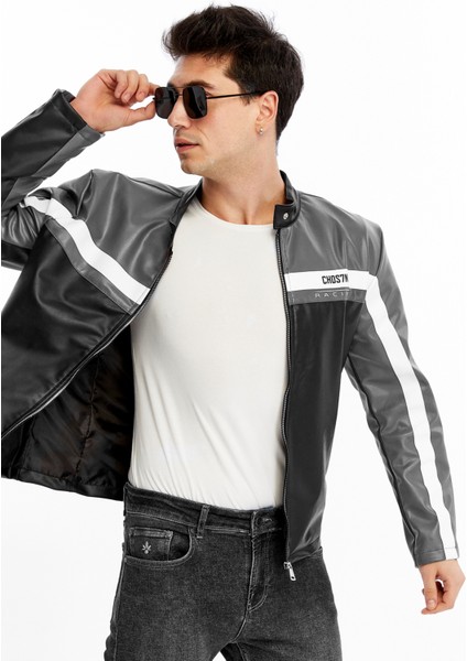 Erkek Şeritli Baskılı Deri Ceket Fermuarlı Mont