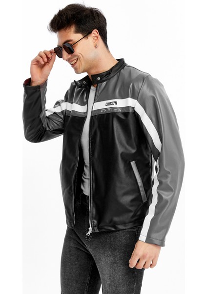 Erkek Şeritli Baskılı Deri Ceket Fermuarlı Mont fiyatları