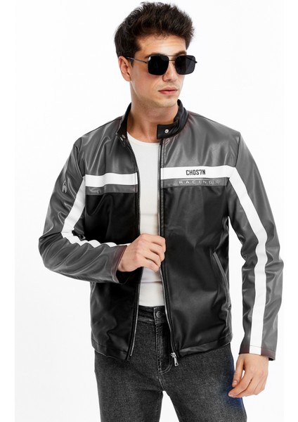 Erkek Şeritli Baskılı Deri Ceket Fermuarlı Mont modelleri