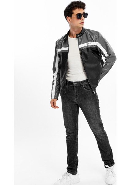 Erkek Şeritli Baskılı Deri Ceket Fermuarlı Mont fırsatları
