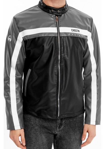 Erkek Şeritli Baskılı Deri Ceket Fermuarlı Mont indirimleri