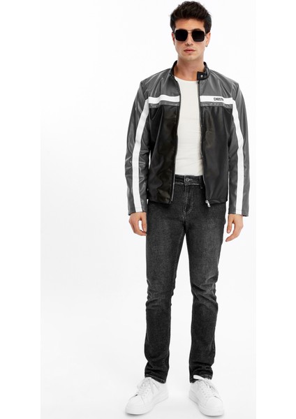 Erkek Şeritli Baskılı Deri Ceket Fermuarlı Mont