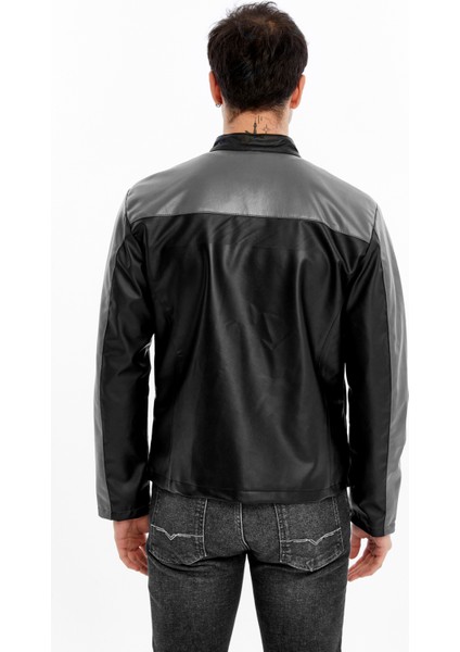 Erkek Şeritli Baskılı Deri Ceket Fermuarlı Mont