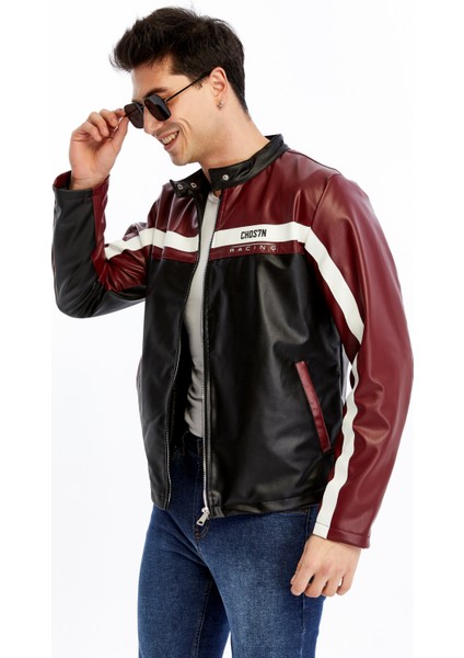 Erkek Şeritli Baskılı Deri Ceket Fermuarlı Mont