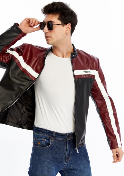 Erkek Şeritli Baskılı Deri Ceket Fermuarlı Mont fiyatları