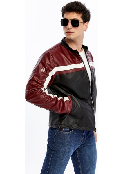 Erkek Şeritli Baskılı Deri Ceket Fermuarlı Mont modelleri