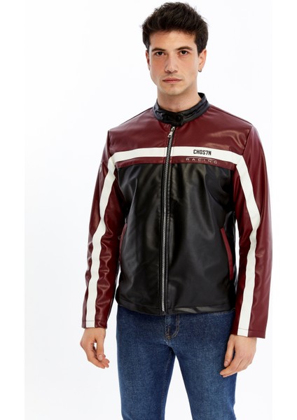Erkek Şeritli Baskılı Deri Ceket Fermuarlı Mont fırsatları