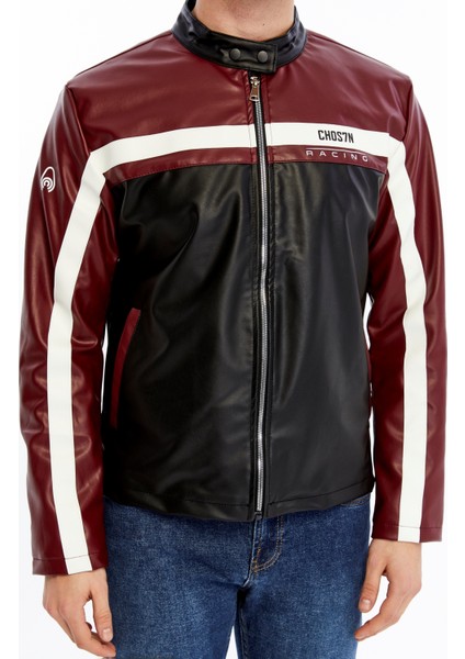 Erkek Şeritli Baskılı Deri Ceket Fermuarlı Mont