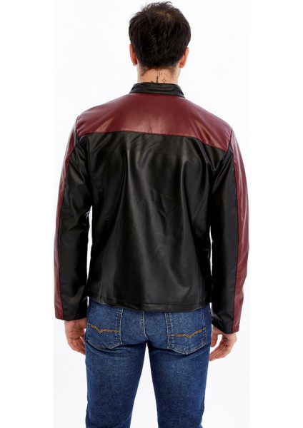 Erkek Şeritli Baskılı Deri Ceket Fermuarlı Mont