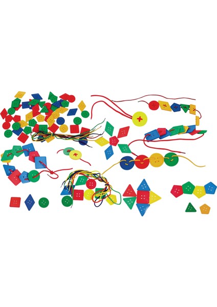 İpli Geometrik Düğmeler 96 Parça – Eğitici Sıralama ve Dizme Oyuncağı – Anaokulu Etkinlik Seti