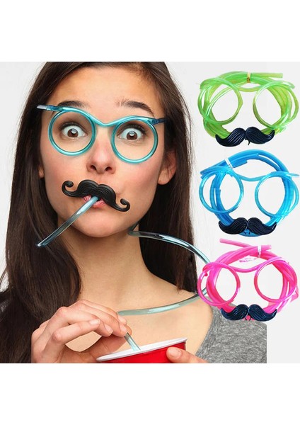 Pipetli Parti Gözlüğü Çocuk ve Yetişkin Bıyıklı Pipet Gözlük Pembe Renk 18X14 cm