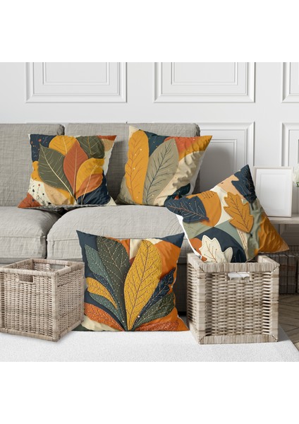 4 Lü Kombin 3 Boyutlu Renkli Yaprak Desen Dijital Baskılı Kırlent Kılıfı