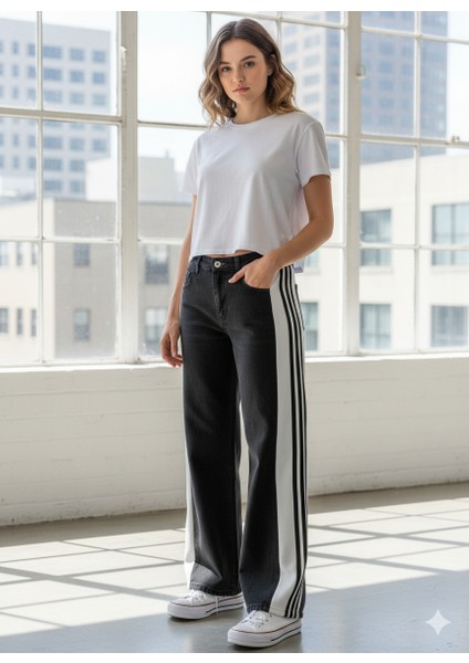 Polopass 024 Kadın Penye Şeritli Püsküllü Paça Jeans Kot Denim Pantolon