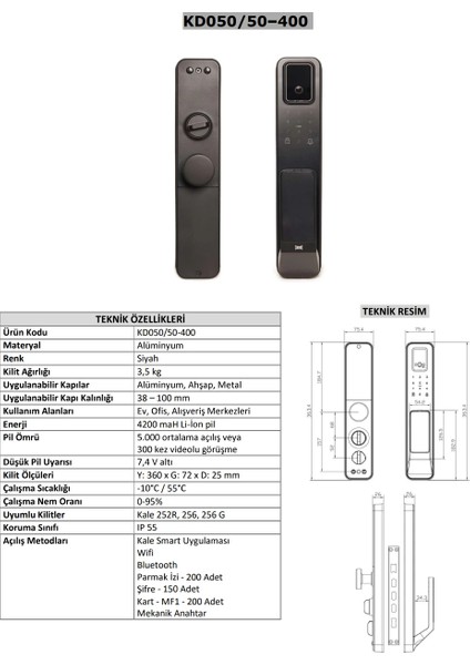 Kale KD050/50-400 Elektronik Akıllı Kapı Kilidi – Parmak Izi, Şifre, Kart ve Mobil Uyumlu fırsatları