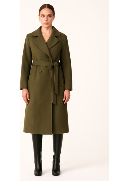 Haki Kaşe Kuşaklı Kaban - Düğmeli Cepli Astarlı Model